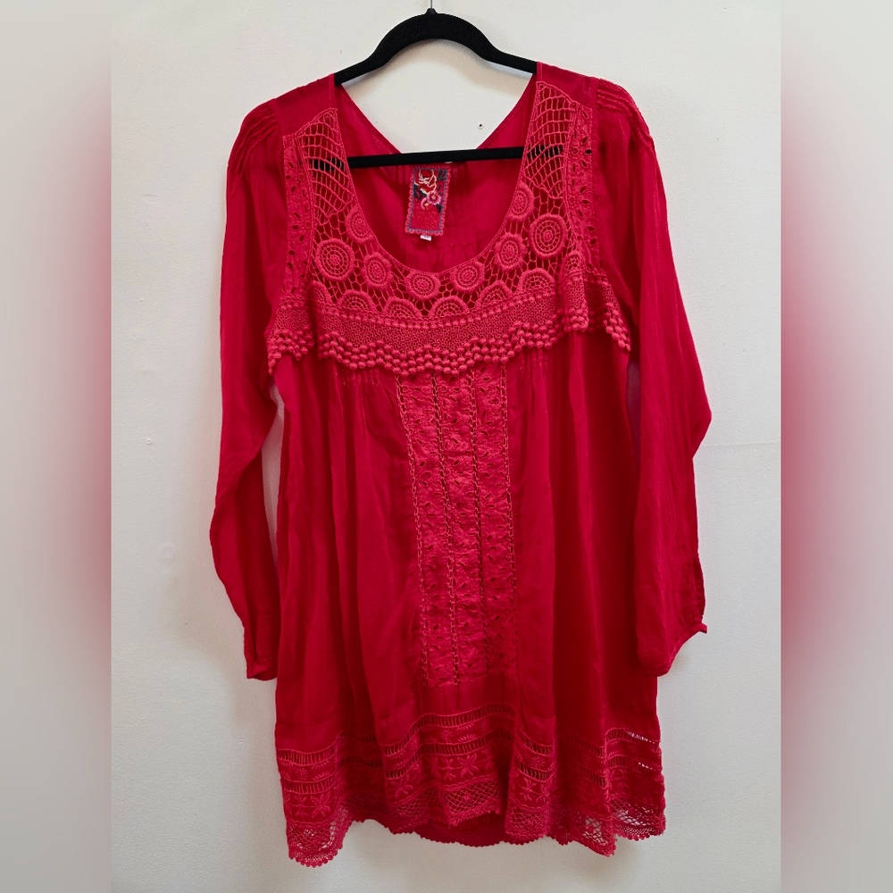 Johnny Was Red Embellished Tunic Blouse